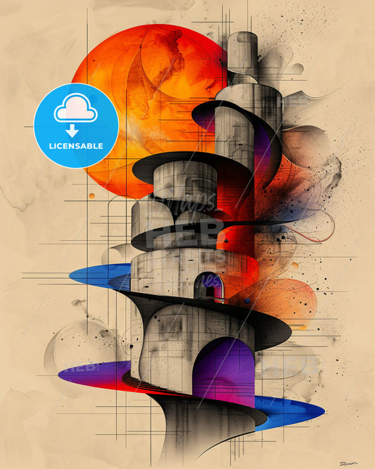 Urban Stillness: Modern Linework House Print - A art of a tower with a spiral staircase and a sun