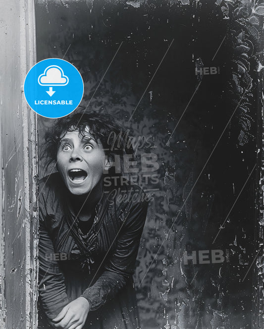 A hysterical victorian woman laughing in a demonic way in her bedroom, Daguerreotype  - A woman looking out of a window