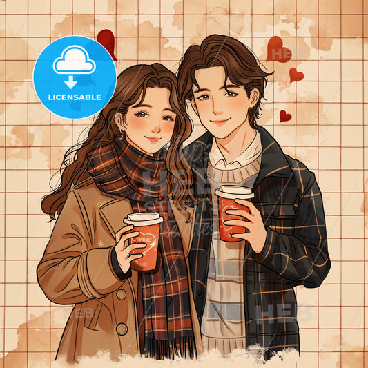 A Cartoon Of A Man And Woman Holding Coffee Cups