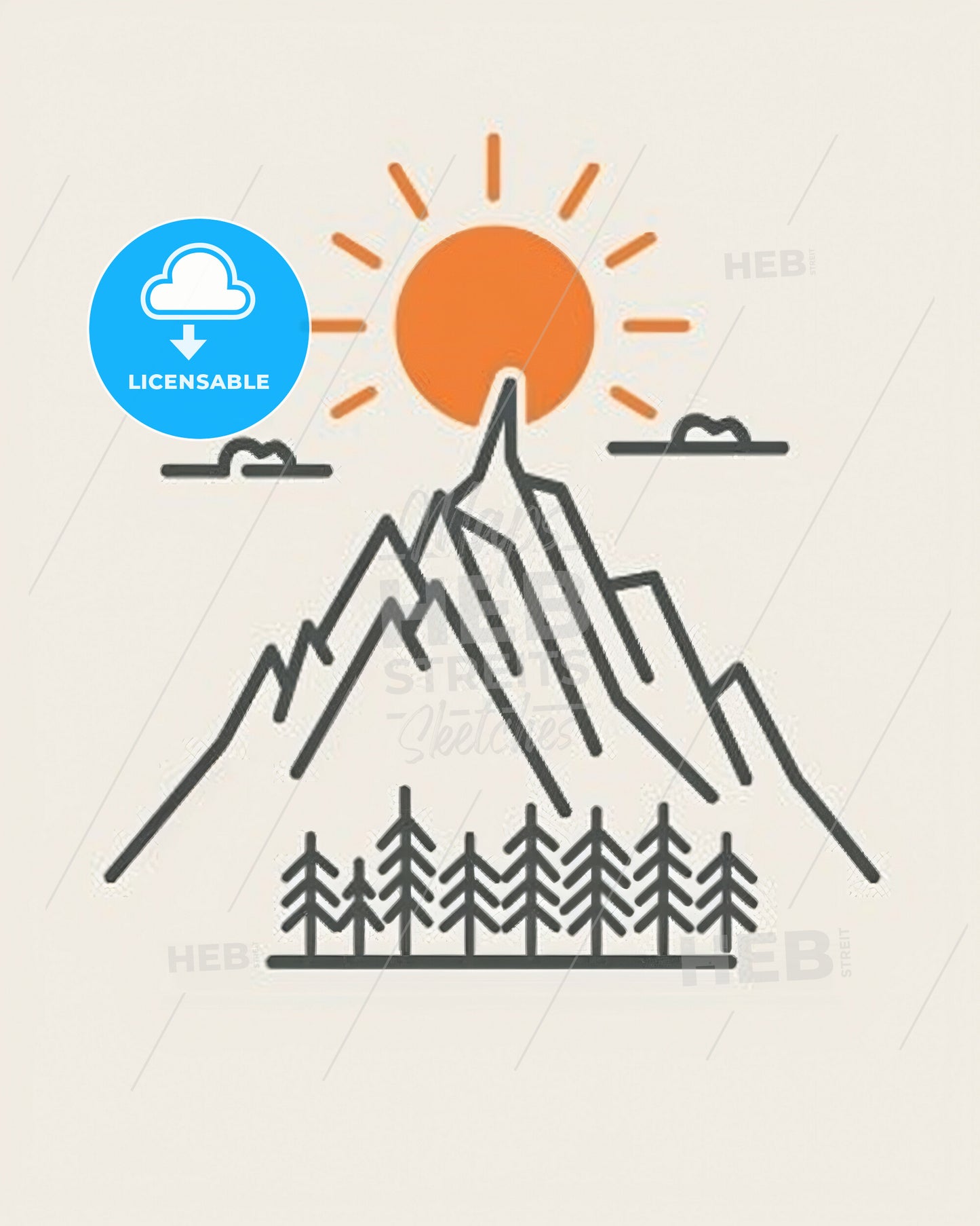 Panoramic Mountain Peak Line Art Splendor - A mountain with trees and sun