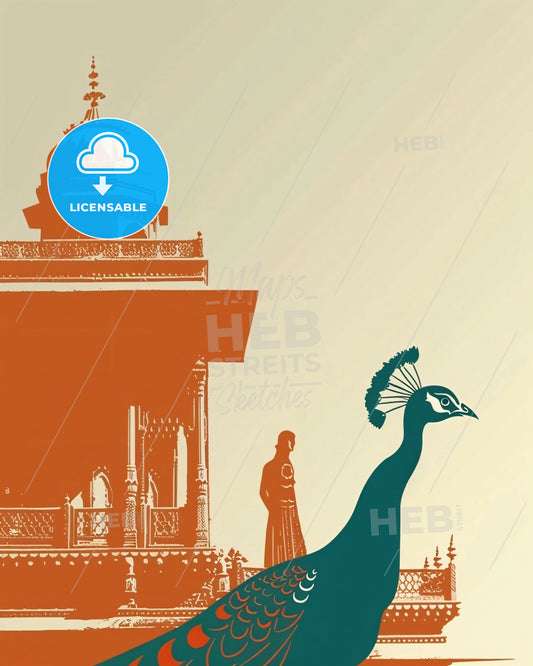 Zen Peacock: Graceful Lines on Beige - A peacock standing in front of a building