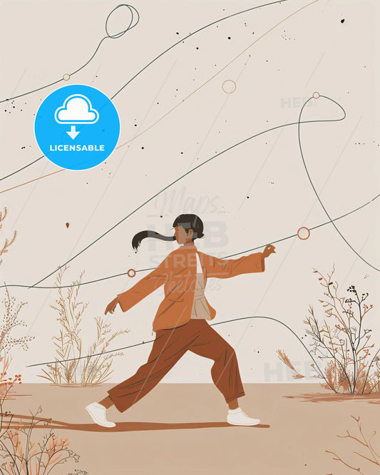 Tranquil Tai Chi Silhouette: Dynamic Serenity - A woman walking with a string