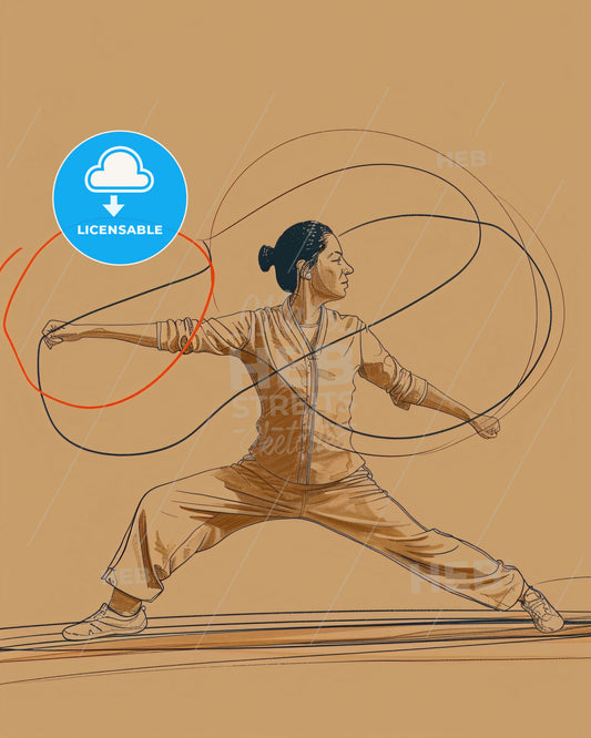 Tai Chi Mastery: Dynamic Lines on Beige Canvas - A woman with a rope around her neck