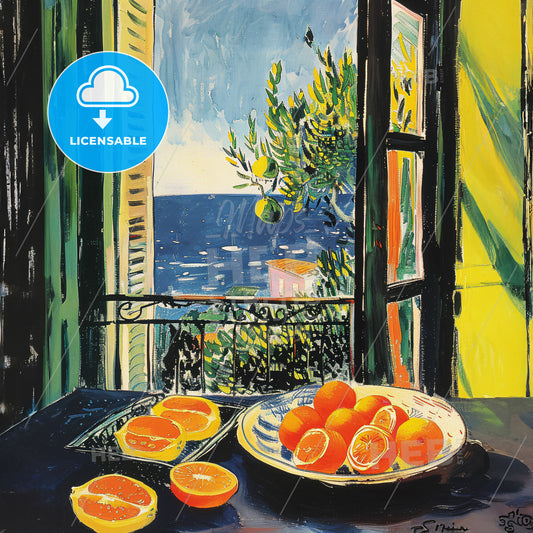 A Painting Of Oranges On A Table