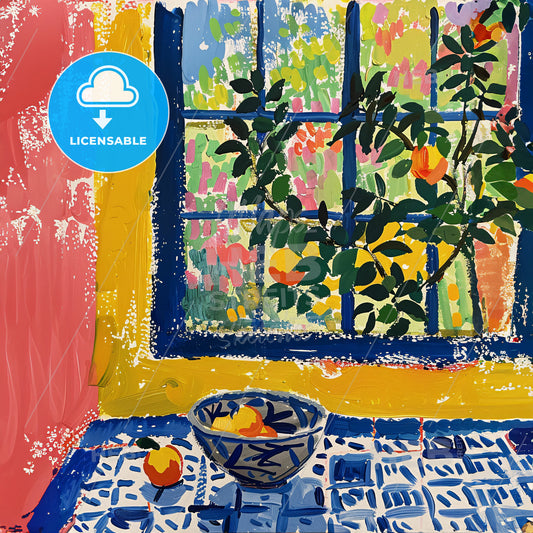 A Bowl Of Fruit On A Table Next To A Window