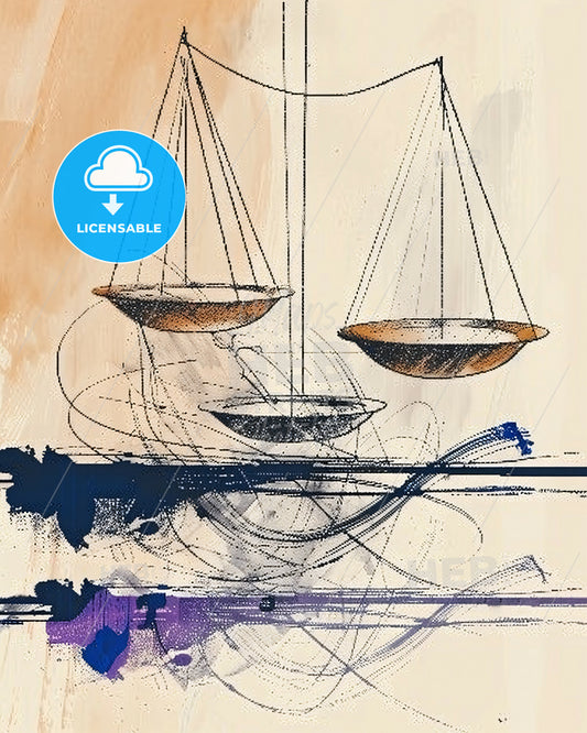 Bold Linework Art: Beige Geometric Hues - A drawing of a balance scale