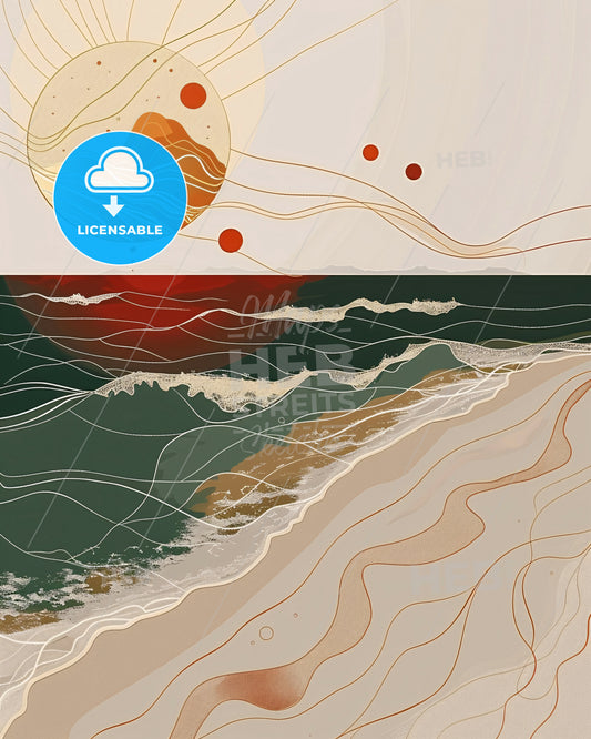 Coastal Oasis: Calm, Serenity, Art in Golden Hues - A beach with waves and sun