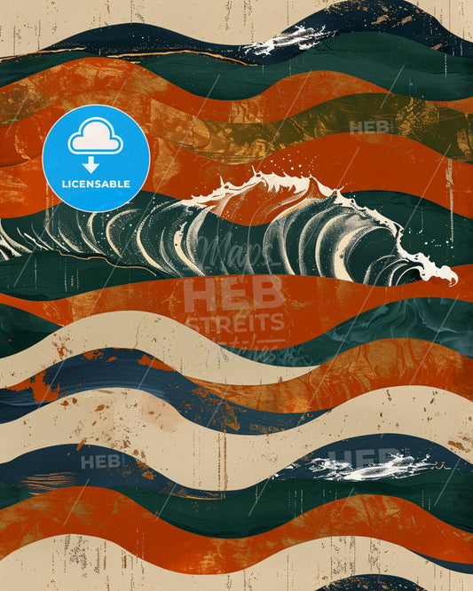 Tranquil Coastal Haven in Bold Lines - A colorful waves painted on a surface