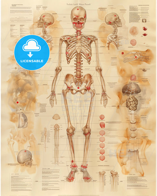 Crimson Sketch: Skeletal Anatomy on Beige - A poster of a human skeleton