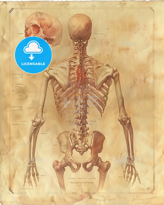 Anatomical Art: Red Sketch on Beige - A skeleton with the back and the back of it