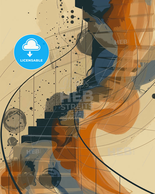 Journey of Lines: Ascending Spiral Staircase - A staircase with orange and blue swirls