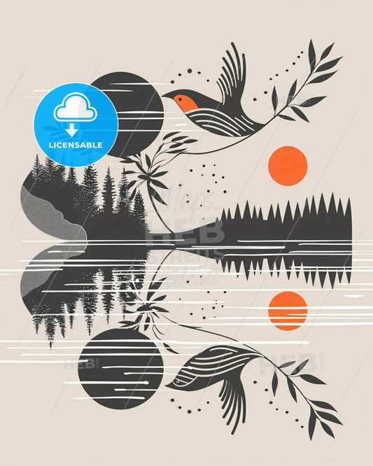 Sunrise Serenity: Tranquil Lake, Bold Lines, Earthy Hues - A bird on a branch with trees and plants