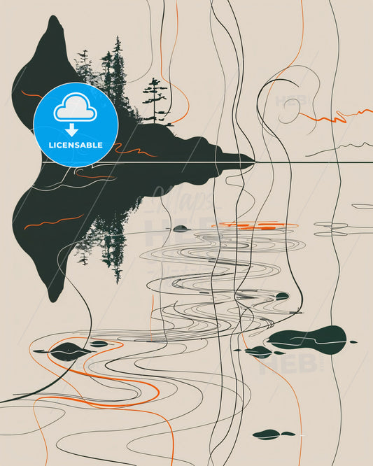 Serene Lake Sunrise: Minimalist Masterpiece - A drawing of a tree and water