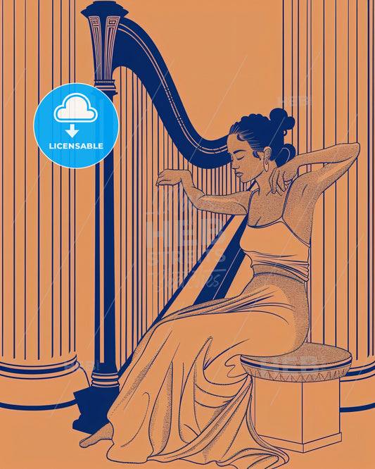 Elegant Woman's Harmony in Serene Tones - A woman sitting on a stool playing a harp