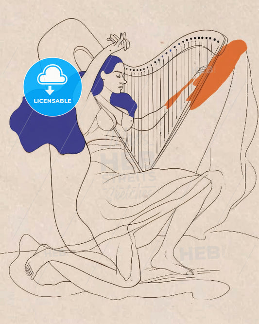 Minimalist Harp Serenade in Vibrant Hues - A drawing of a woman playing a harp