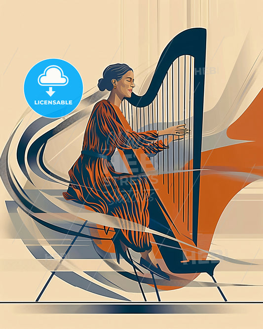 Bold Harp Lines in Beige Serene Ambiance - A woman playing a harp