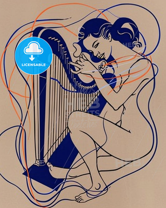 Serene Harp Melody in Vibrant Hues - A woman playing a harp