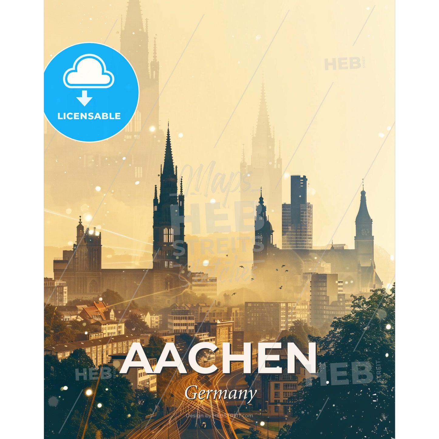Aachen City Skyline Silhouette Poster Art - A city with tall buildings and trees - Square format print template