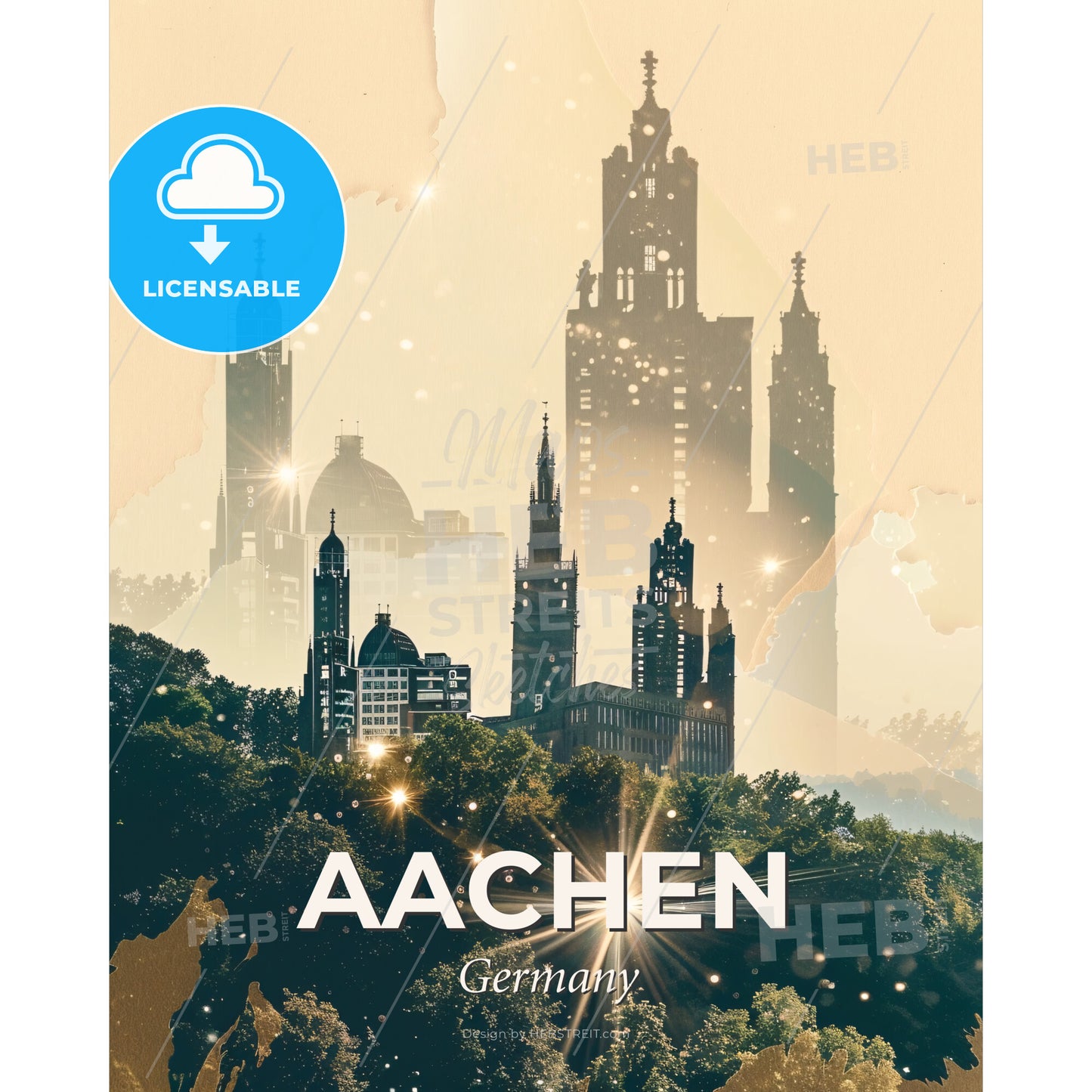 Aachen City Skyline Art Deco Poster - A cityscape with trees and buildings - Square format print template