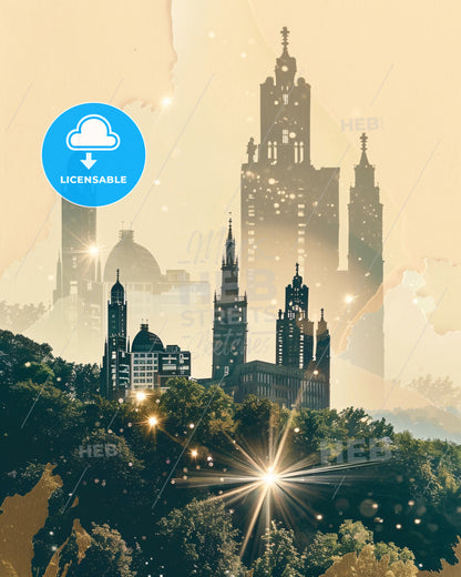 Aachen City Skyline Art Deco Poster - A cityscape with trees and buildings