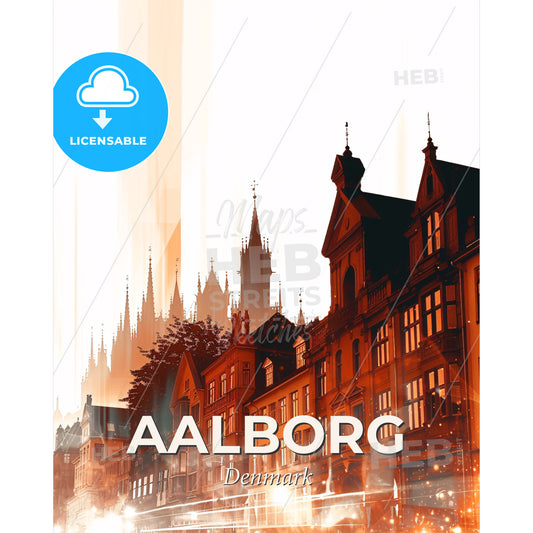 Aalborg Cityscape Skyline Silhouette Art Poster - A row of buildings with towers and trees - Square format print template