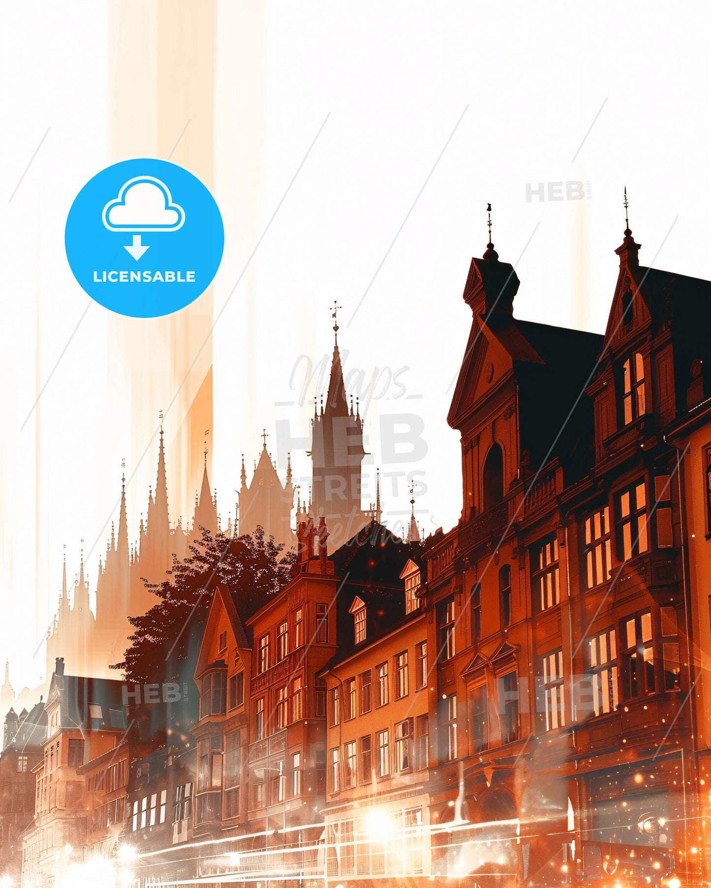 Aalborg Cityscape Skyline Silhouette Art Poster - A row of buildings with towers and trees