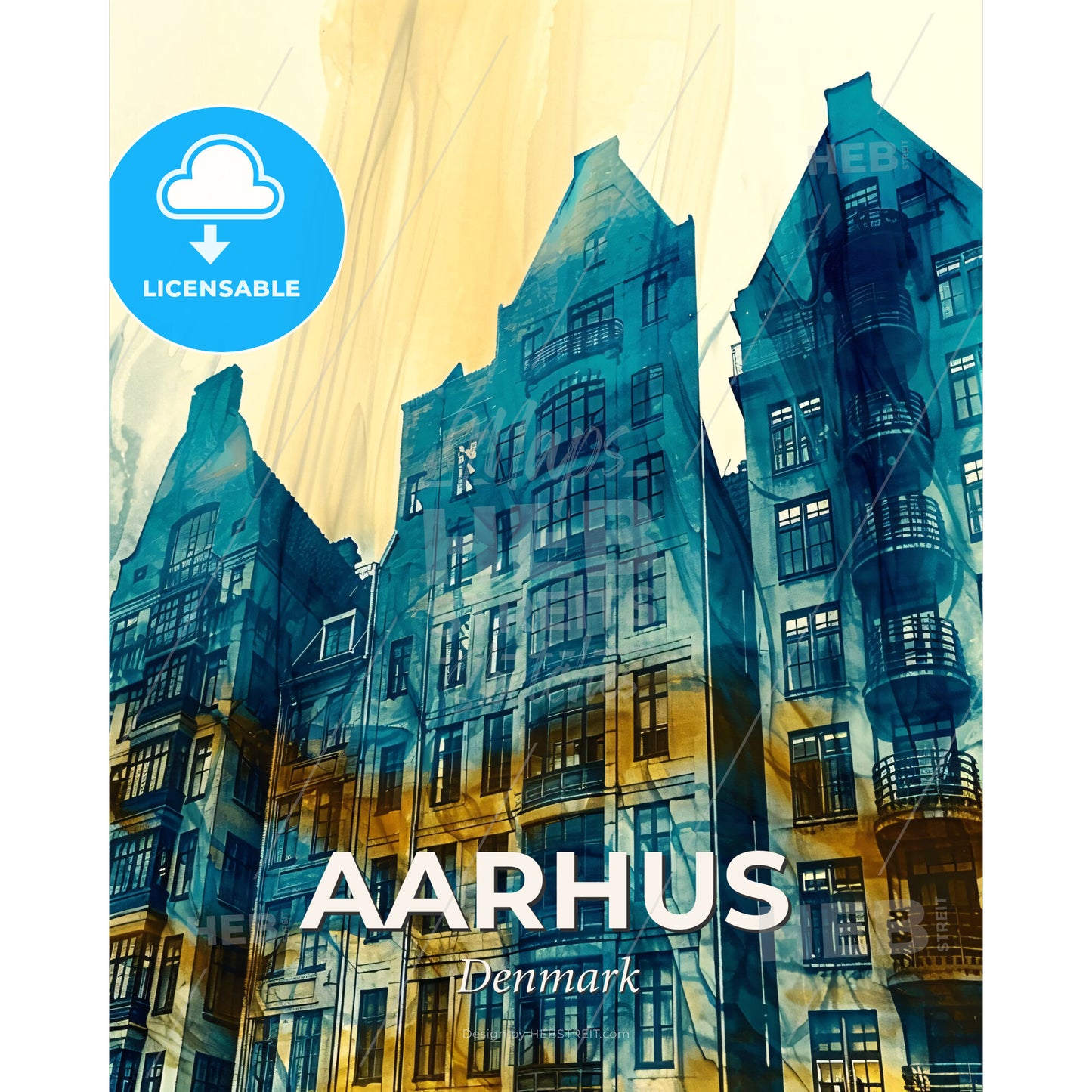 Aarhus Skyline Composite Art Vibrant Bright Poster - A building with many windows - Square format print template
