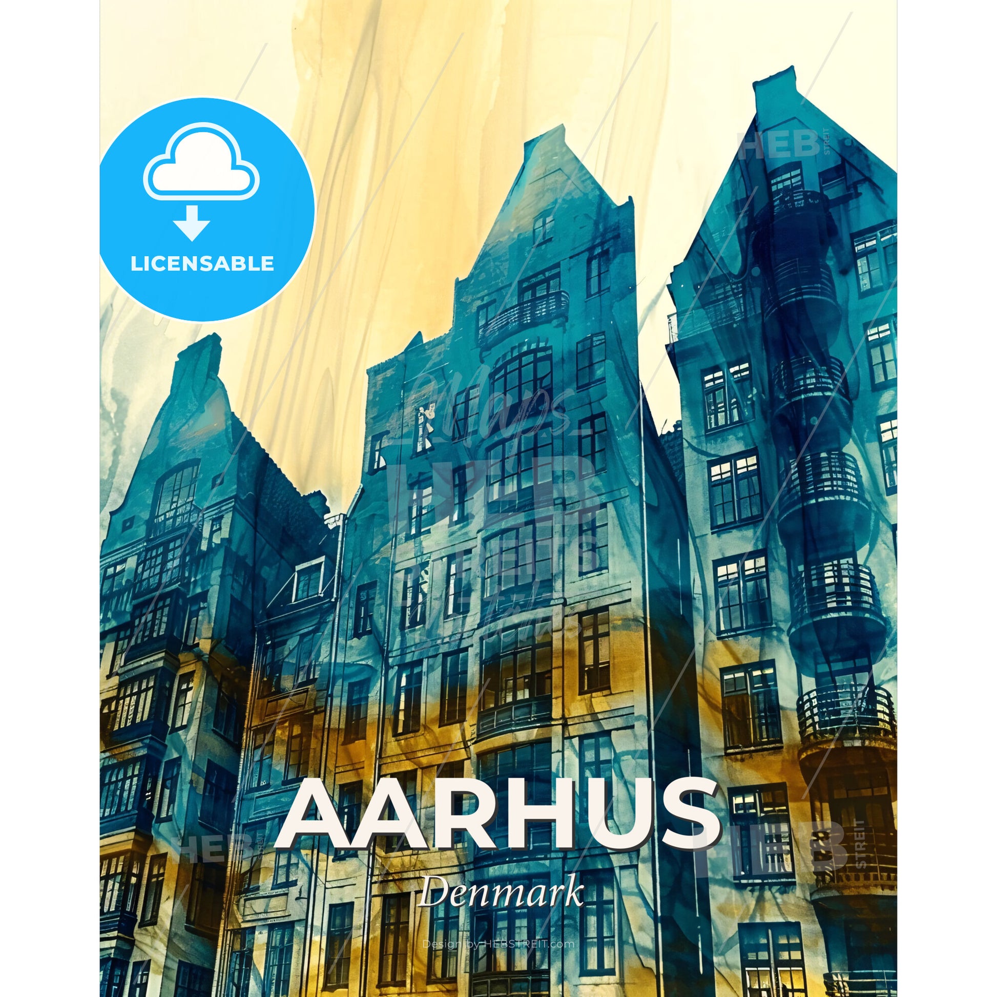 Aarhus Skyline Composite Art Vibrant Bright Poster - A building with many windows - Square format print template