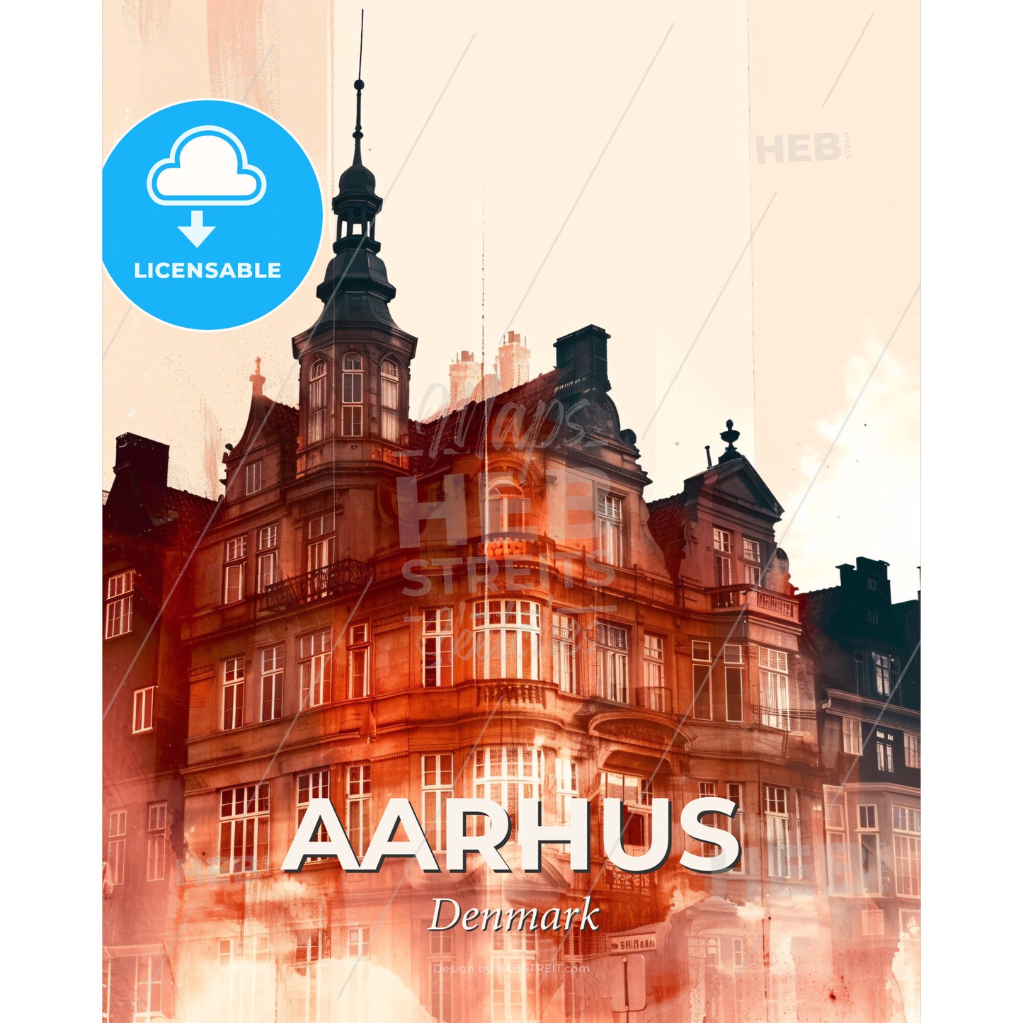 Aarhus: Blistering City Skyline Silhouette - A building with a tower - Square format print template