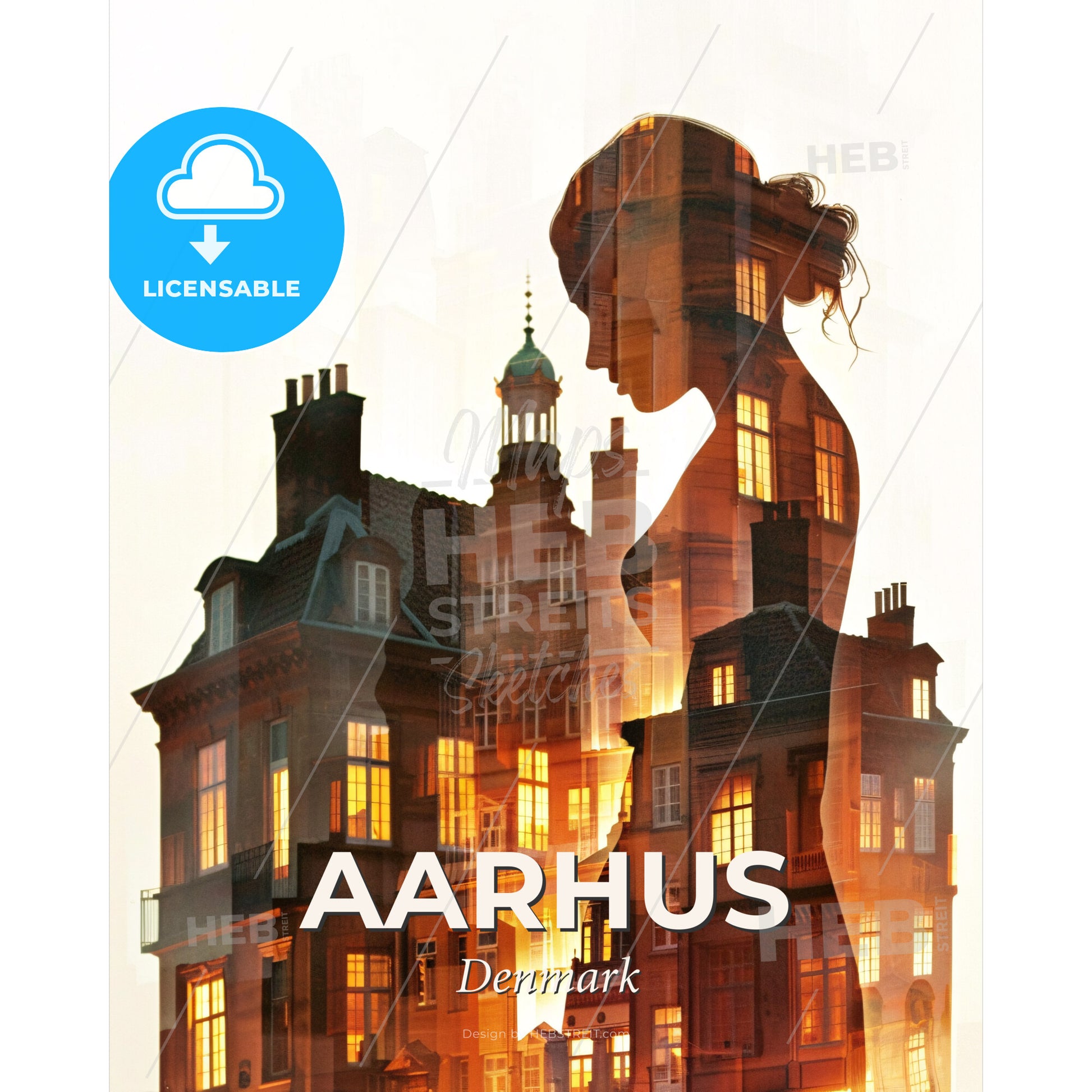 Aarhus Skyline Double Exposure Cityscape Poster Art - A woman standing in front of a building - Square format print template