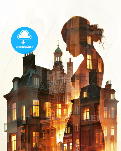 Aarhus Skyline Double Exposure Cityscape Poster Art - A woman standing in front of a building
