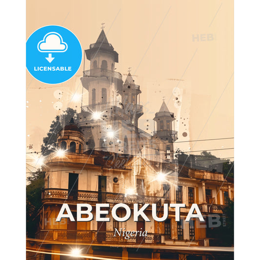 Abeokuta Skyline Double Exposure Panorama Poster - A building with towers and a tower on top - Square format print template