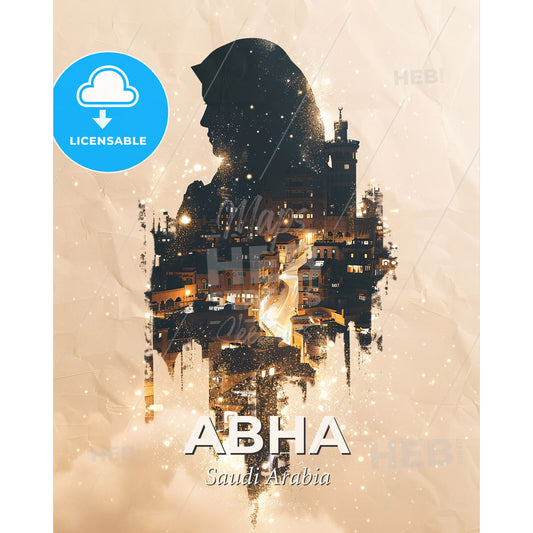 Abha City Composite Art: Skyline Beauty in Beige - A silhouette of a person in a city - Square format print template