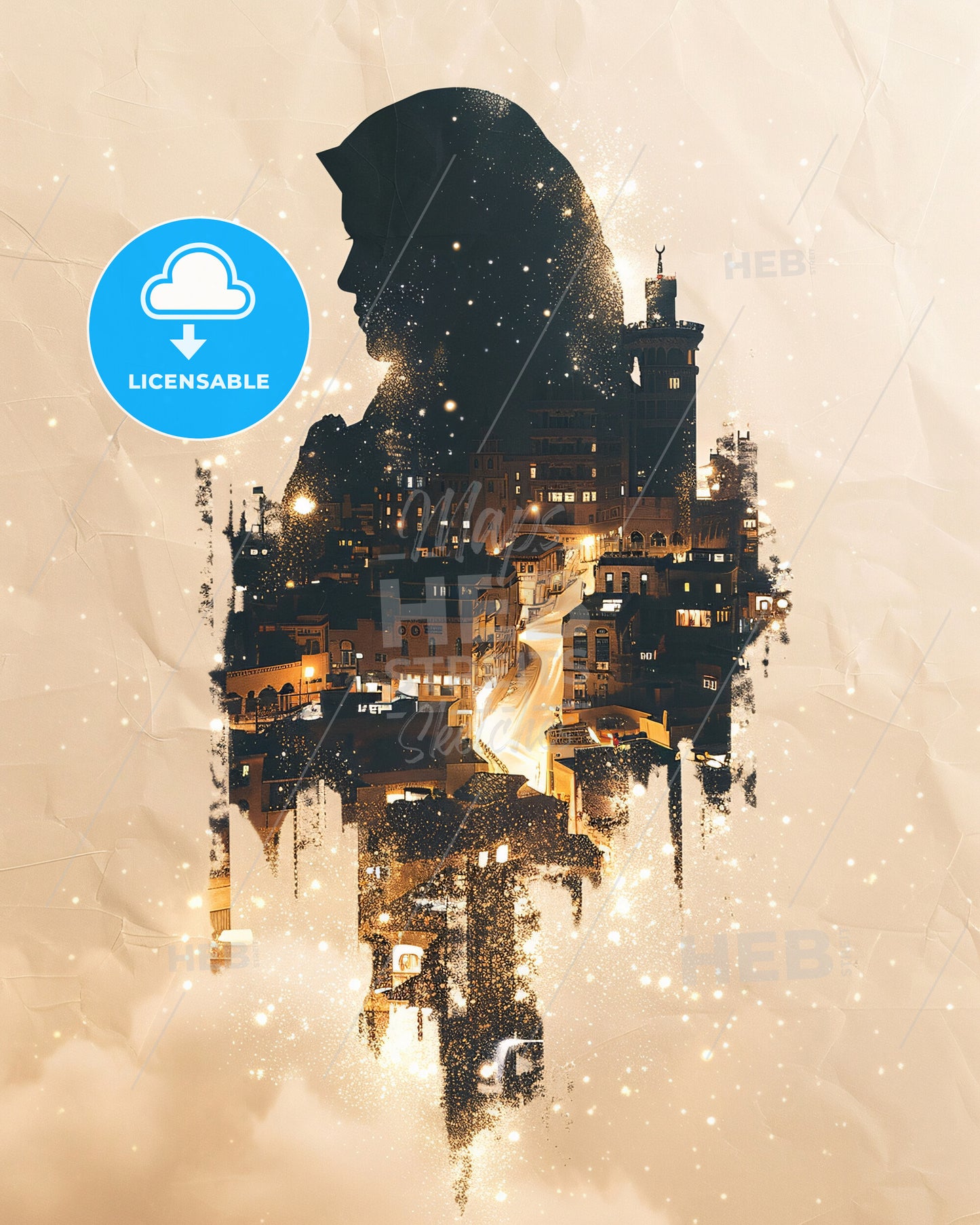 Abha City Composite Art: Skyline Beauty in Beige - A silhouette of a person in a city