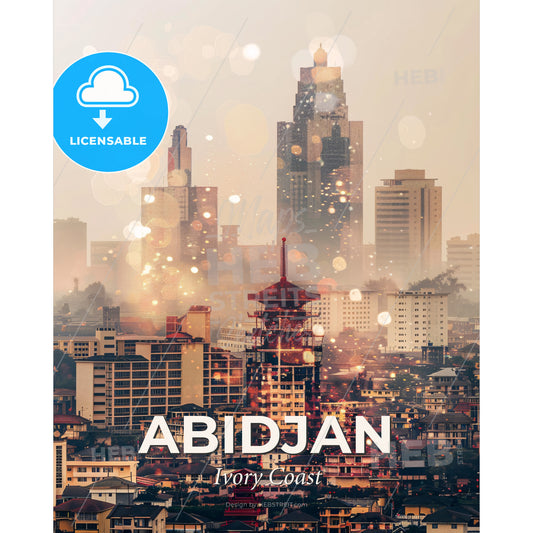 Abidjan Architecture Skyline Beige Poster Art - A city with many tall buildings - Square format print template