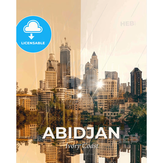 Abidjan Skyline Double Exposure Art Poster - A city with trees and buildings reflected in water - Square format print template