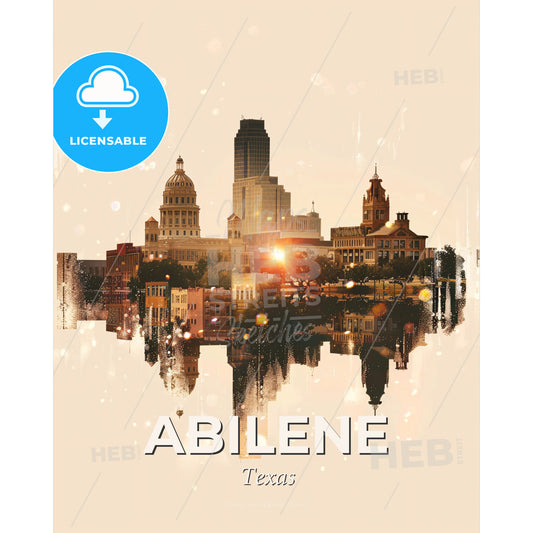 Abilene Skyline Composite Art City Sparkle Poster - A city with buildings and a reflection of the sun - Square format print template