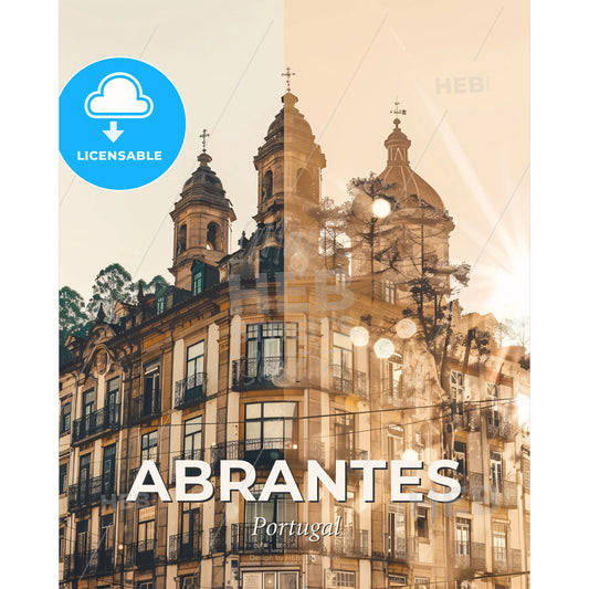 Abrantes Skyline Double Exposure Artwork - A building with a steeple and trees in the background - Square format print template