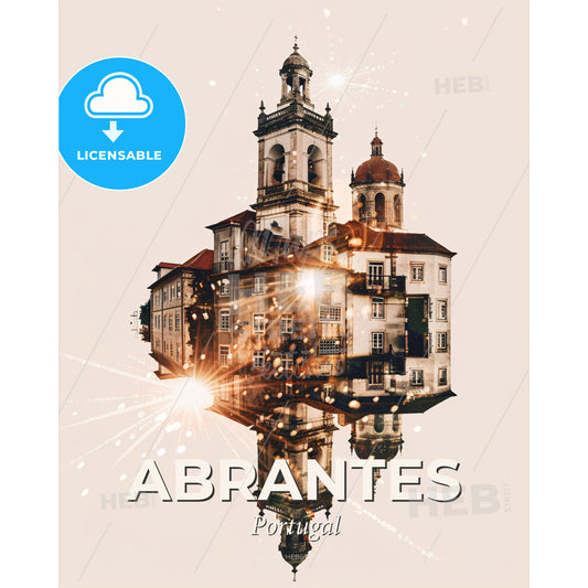 Abrantes, Portugal: City Skyline Art on Beige - A building with a bell tower and a bell tower - Square format print template