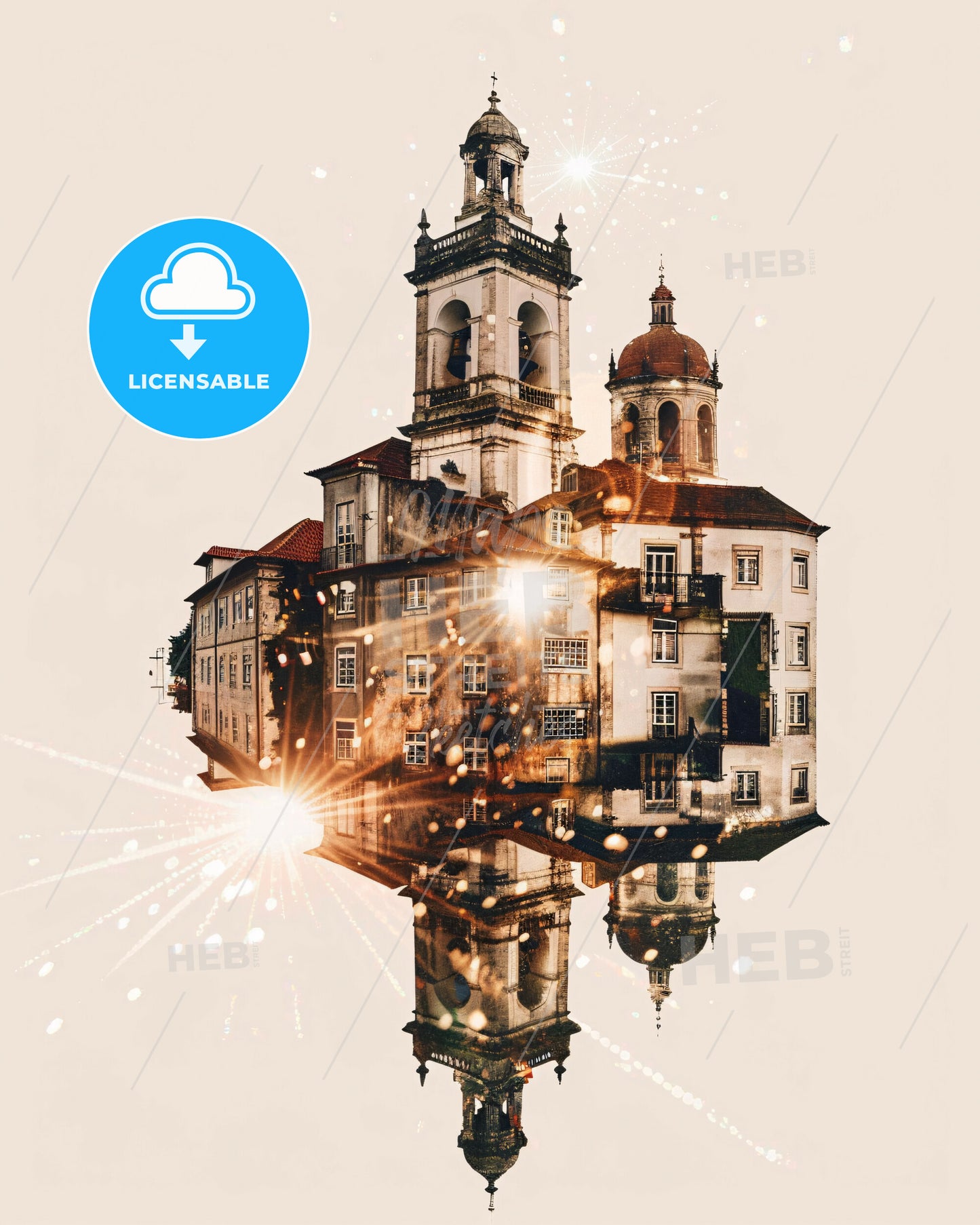 Abrantes, Portugal: City Skyline Art on Beige - A building with a bell tower and a bell tower