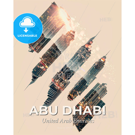 Abu Dhabi City Skyline Double Exposure Poster - Multiple buildings in the sky - Square format print template