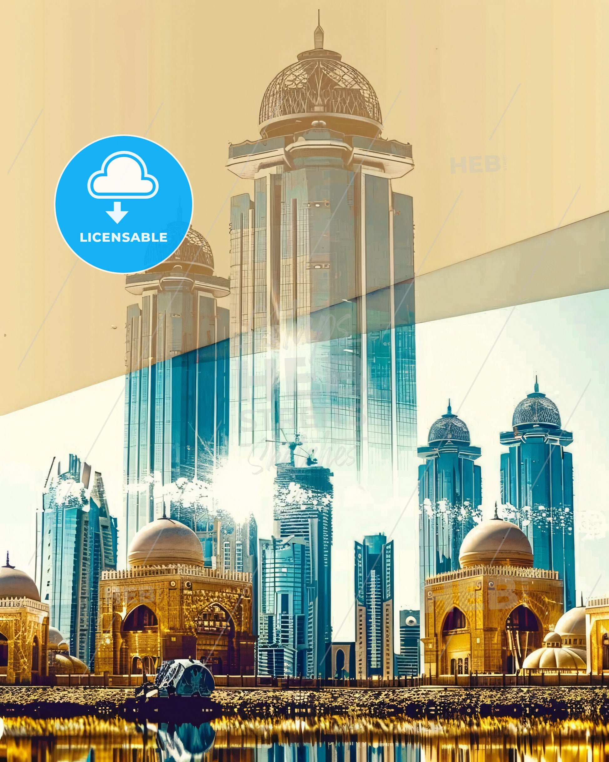 City Skyline Double Exposure Art - A city skyline with towers and a few buildings