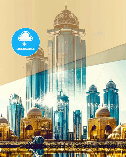 City Skyline Double Exposure Art - A city skyline with towers and a few buildings