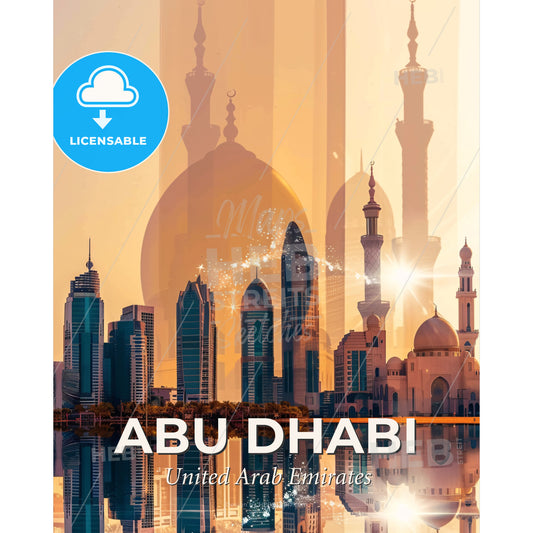 Abu Dhabi City Skyline Double Exposure Pastel Poster - A city skyline with a reflection of the sun - Square format print template