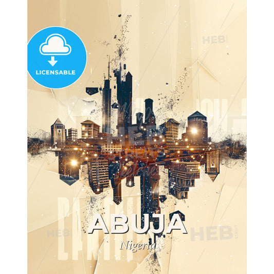 Abuja City Skyline Composite Art: Unique Beige Beauty - A city skyline with lights - Square format print template