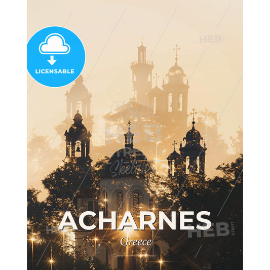 Acharnes City Skyline Beige Sparks Poster - A building with a tower and trees - Square format print template
