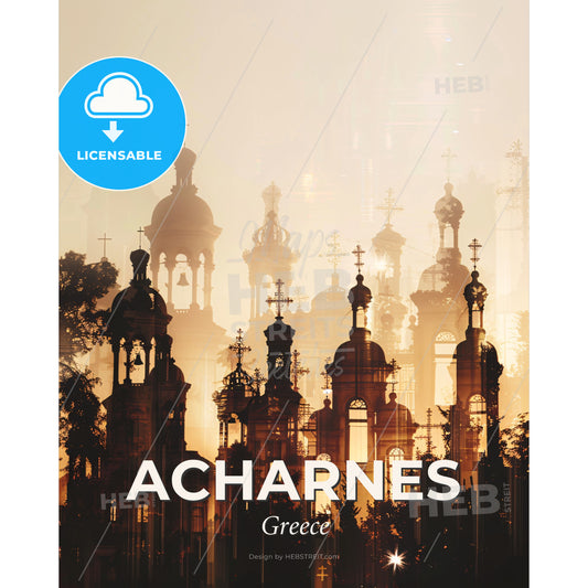 Acharnes Greece Double Exposure Cityscape Skyline Artwork Poster - A silhouette of a building with crosses and trees - Square format print template