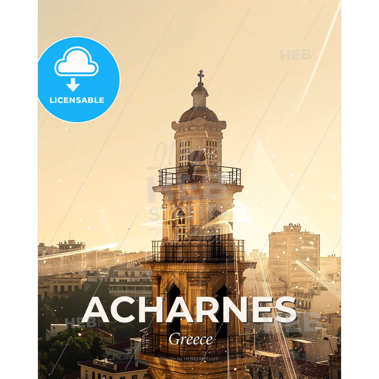 Acharnes City Silhouette Skyline Art Poster - A tower with a cross on top and a city in the background - Square format print template