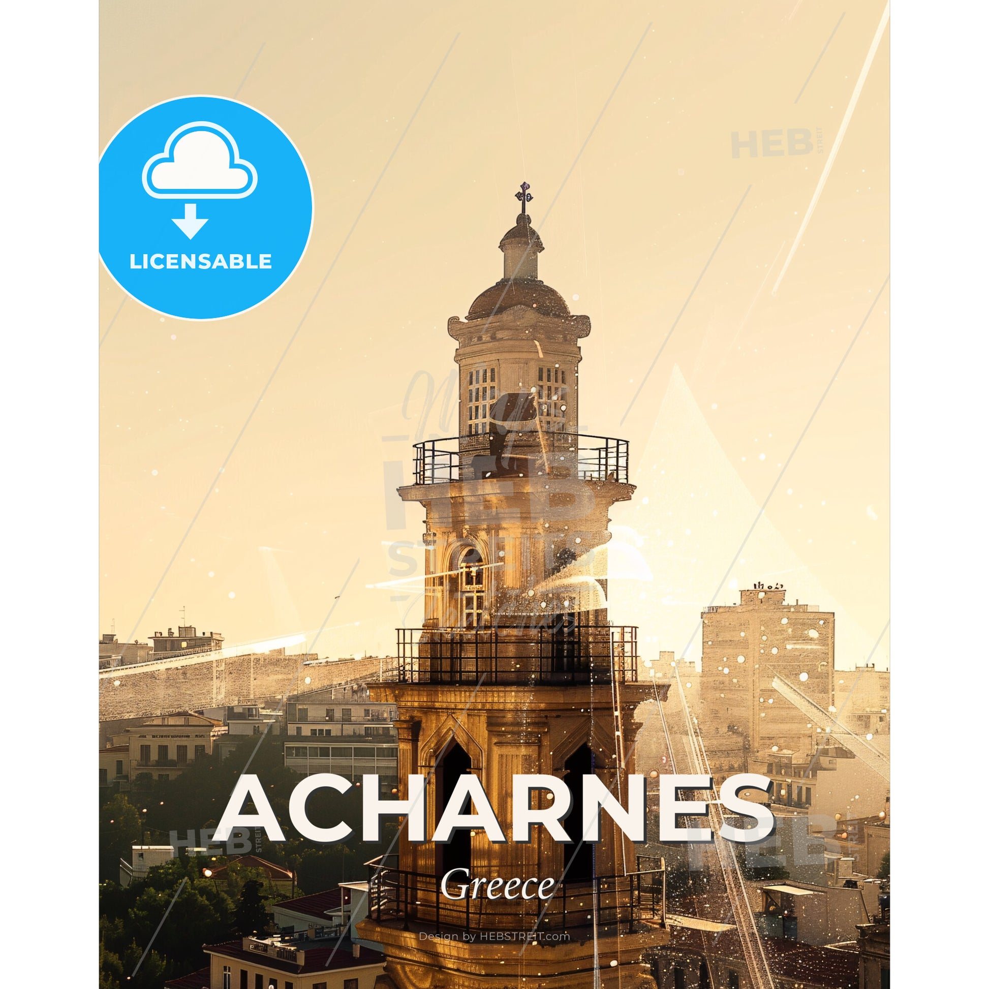 Acharnes City Silhouette Skyline Art Poster - A tower with a cross on top and a city in the background - Square format print template