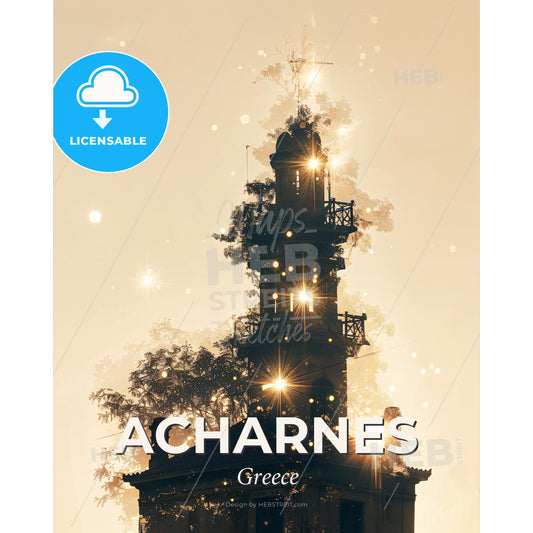 Acharnes Skyline Silhouette Composite Artwork - A building with a tower and trees - Square format print template